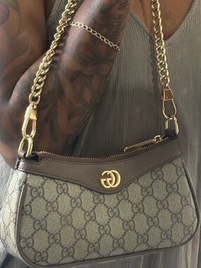 Gucci Beige Brown GG Canvas Mini Shoulder Bag with Gold Chain